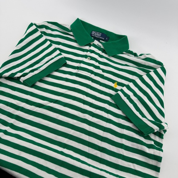 Vintage Polo Ralph Lauren Green White Stripe Polo Shirt Men's Size L Classic Fit - Picture 1 of 9
